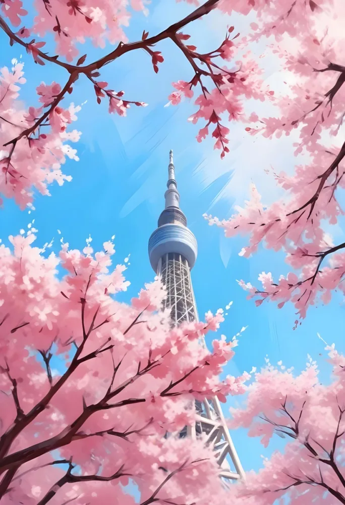 Minimal Soft Studio Light Photography Tokyo Skytree With Cherry Blossoms In A Blue Sky High Detail Solid Bold Color Background 9 145f