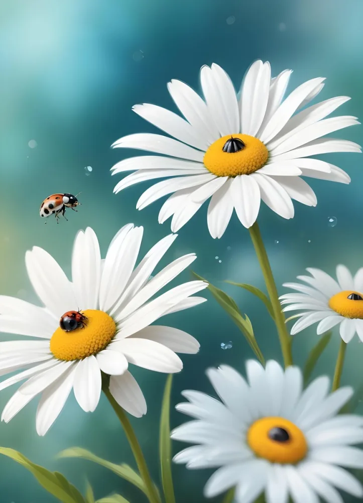 Minimal Soft Studio Light Photography White Daisies With Yellow Centers And A Ladybug On One Flower Set Against A Gradient Background Of Soft Greens And Blues With Bokeh Effects High Detail Solid Bold Color Background 55 9106