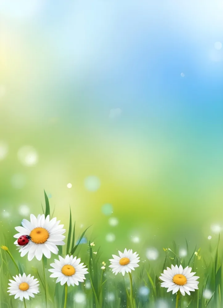 Minimal Soft Studio Light Photography White Daisies With Yellow Centers And A Ladybug On One Flower Set Against A Gradient Background Of Soft Greens And Blues With Bokeh Effects High Detail Solid Bold Color Background 81 E6dd