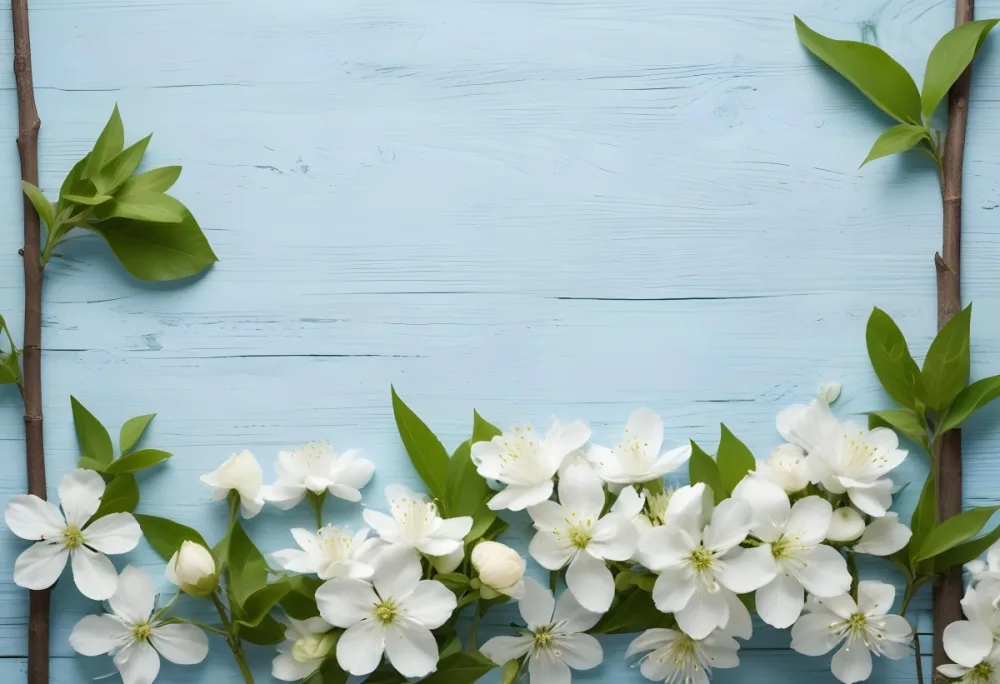 Minimal Soft Studio Light Photography White Flowers With Green Leaves On A Light Blue Wooden Surface The Flowers Are Arranged Along The Bottom Edge Creating A Natural Border High Detail Solid Bold Color Background 64 1e65