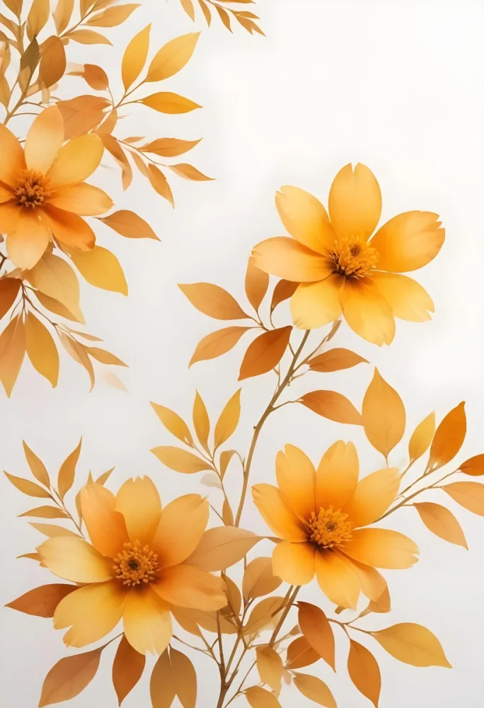 Minimal Soft Studio Light Photography Yellow And Orange Watercolor Flowers With Orange Leaves Soft And Delicate On A White Background Creating A Vibrant And Fresh Floral Composition High Detail Solid Bold Color Ba 51 E867