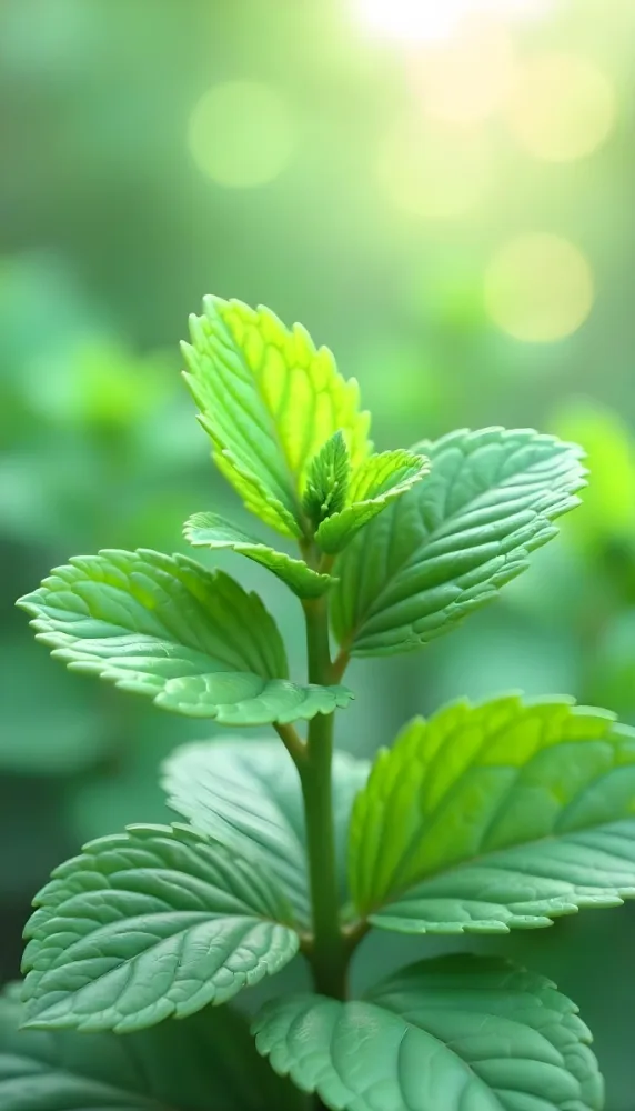 Mint Plant With Vibrant Green Leaves Detailed Leaf Veins Natural Lighting Blurred Background With Shades Of Green And Yellow Creating A Fresh And Natural Atmosphere 8 D4c3