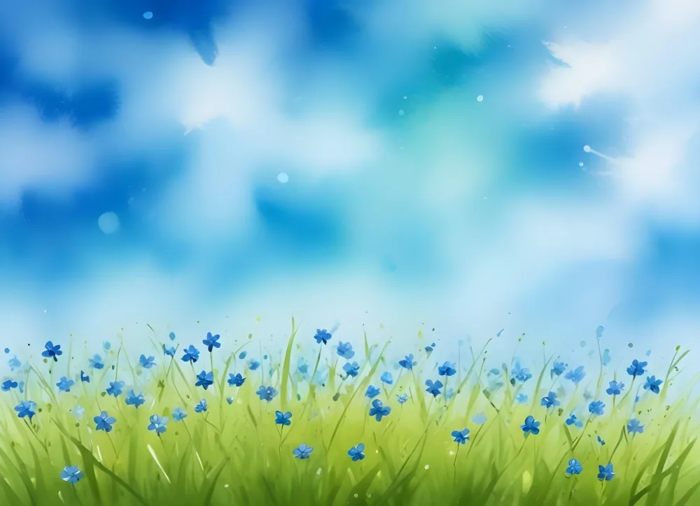 Oil Painting A Green Grass Field With Small Blue Flowers Under A Bright Blue Sky With Bokeh Effect Creating A Fresh And Vibrant Outdoor Scene Creative Extremely Detailed Brush Stroke 77 Be63