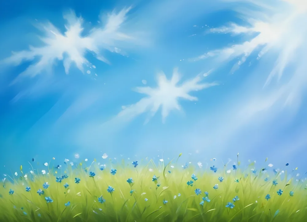 Oil Painting A Green Grass Field With Small Blue Flowers Under A Bright Blue Sky With Bokeh Effect Creating A Fresh And Vibrant Outdoor Scene Creative Extremely Detailed Brush Stroke 8 Bfa6