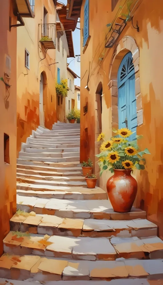 Oil Painting A Narrow Street With Stairs And Old Buildings A Vase With Sunflowers In The Foreground Creative Extremely Detailed Brush Stroke 1 193e