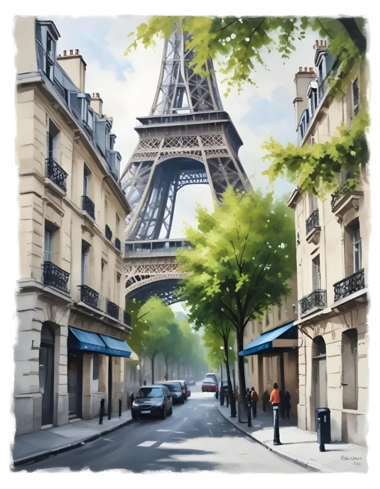 Oil Painting Eiffel Tower From A Street In Paris With Trees And Buildings Creative Extremely Detailed Brush Stroke 15 655c