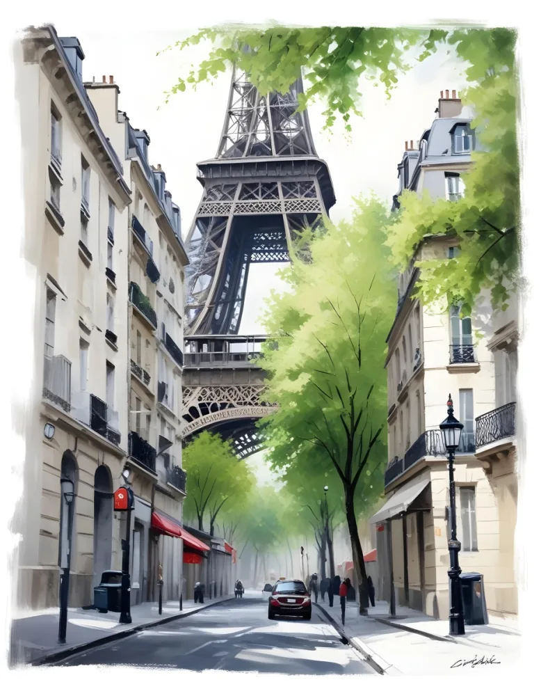 Oil Painting Eiffel Tower From A Street In Paris With Trees And Buildings Creative Extremely Detailed Brush Stroke 19 611c