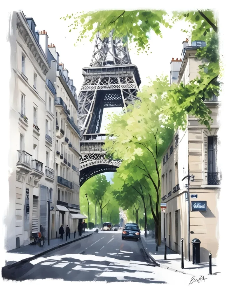 Oil Painting Eiffel Tower From A Street In Paris With Trees And Buildings Creative Extremely Detailed Brush Stroke 3 4ff2
