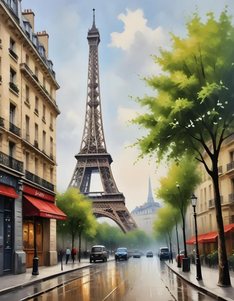 Oil Painting Eiffel Tower From A Street In Paris With Trees And Buildings Creative Extremely Detailed Brush Stroke 31 B478