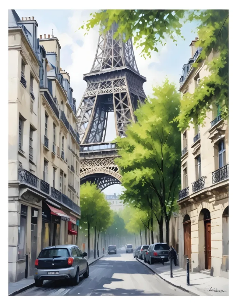 Oil Painting Eiffel Tower From A Street In Paris With Trees And Buildings Creative Extremely Detailed Brush Stroke 6 2e76