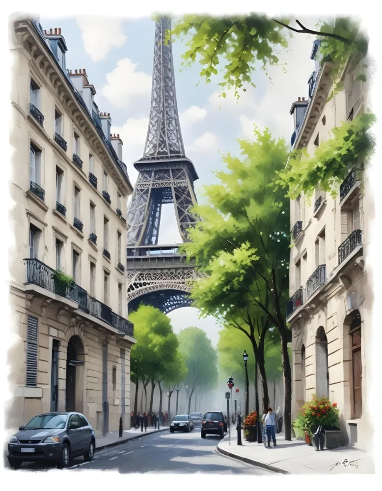 Oil Painting Eiffel Tower From A Street In Paris With Trees And Buildings Creative Extremely Detailed Brush Stroke 7 B86e
