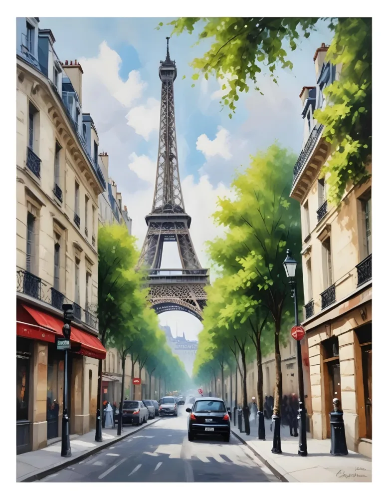 Oil Painting Eiffel Tower From A Street In Paris With Trees And Buildings Creative Extremely Detailed Brush Stroke 8 53ef
