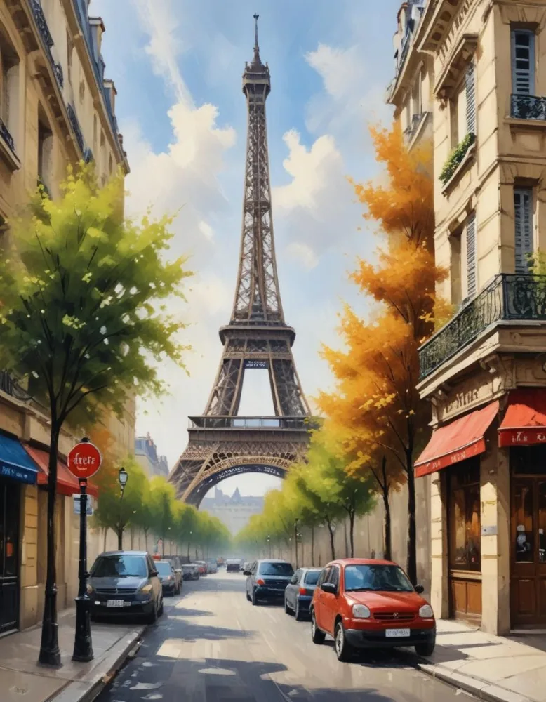 Oil Painting Eiffel Tower From A Street In Paris With Trees And Buildings Creative Extremely Detailed Brush Stroke 9 83f1