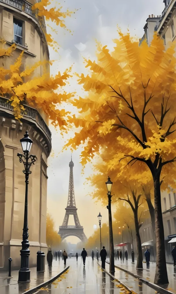 Oil Painting Eiffel Tower Seen From Below Trees With Yellow Leaves Street Lamp Creative Extremely Detailed Brush Stroke 19 2639