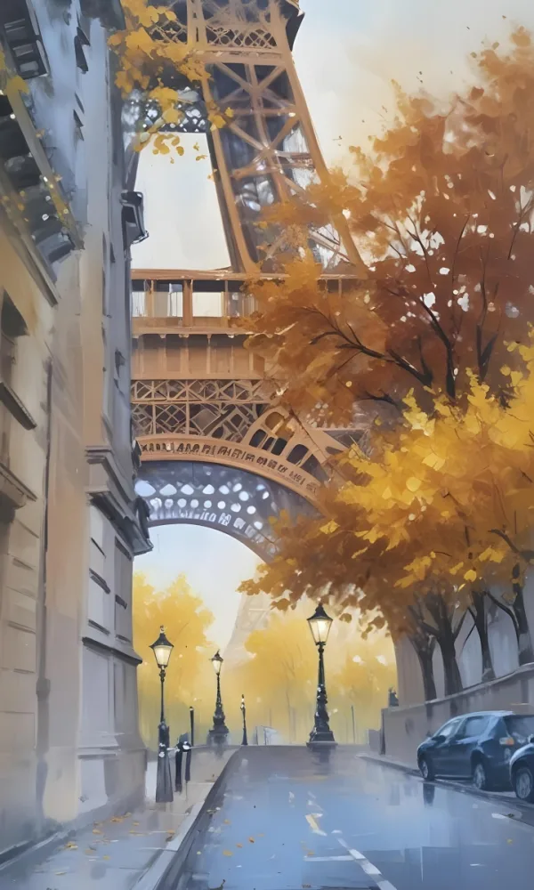 Oil Painting Eiffel Tower Seen From Below Trees With Yellow Leaves Street Lamp Creative Extremely Detailed Brush Stroke 6 D401