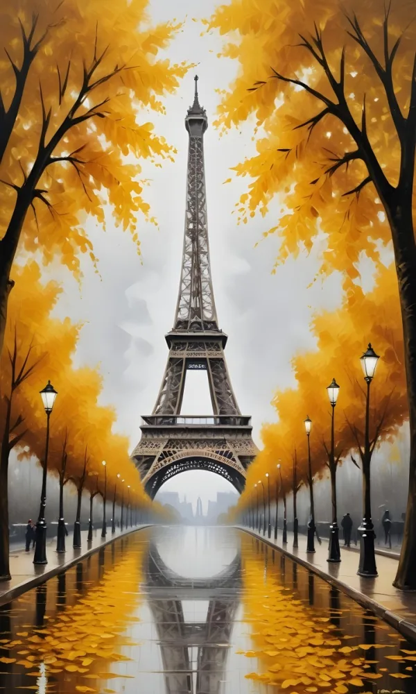 Oil Painting Eiffel Tower Seen From Below Trees With Yellow Leaves Street Lamp Creative Extremely Detailed Brush Stroke 89 0dc2