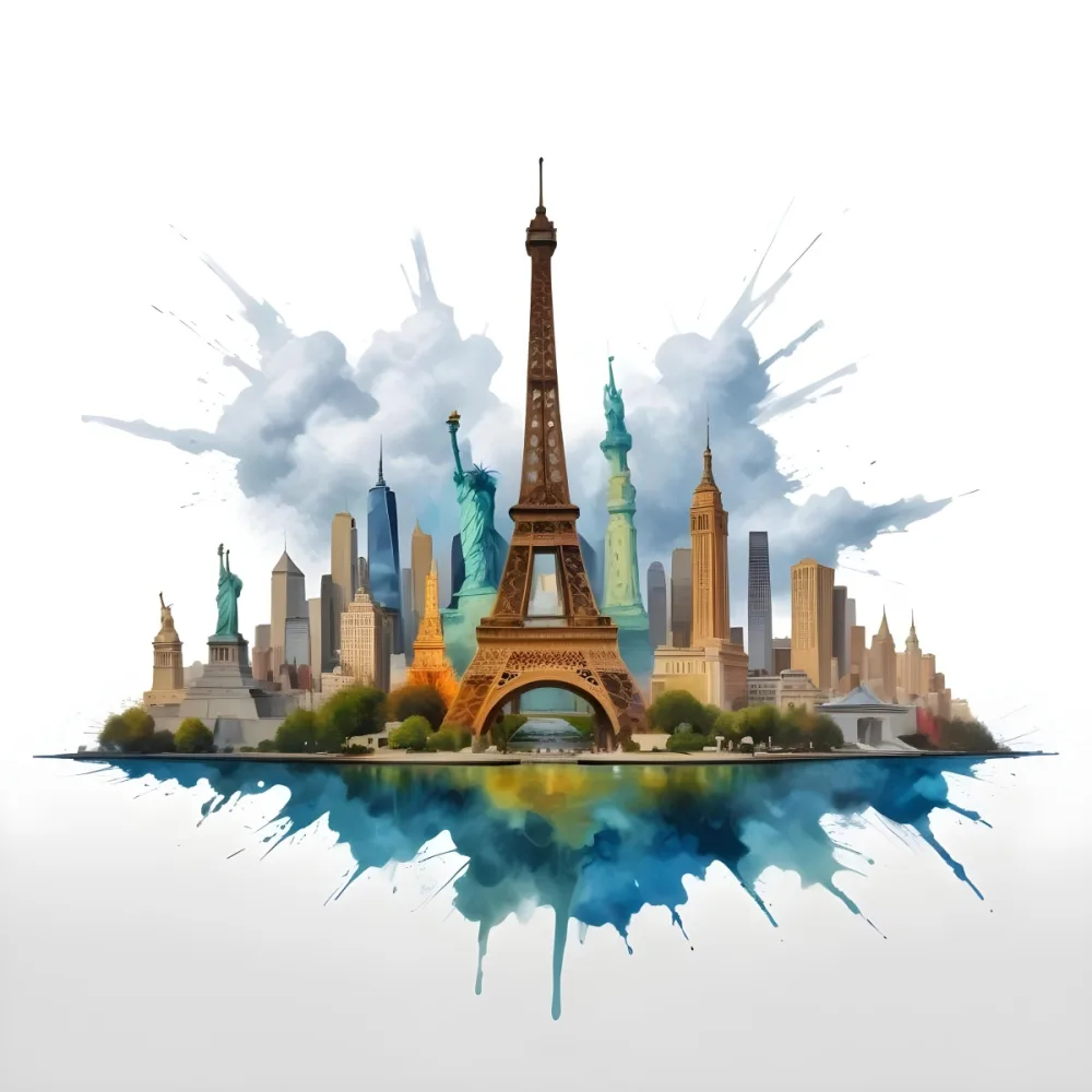 Oil Painting Eiffel Tower Statue Of Liberty And Other Famous Buildings In A Cloudy Background Creative Extremely Detailed Brush Stroke 1 961d