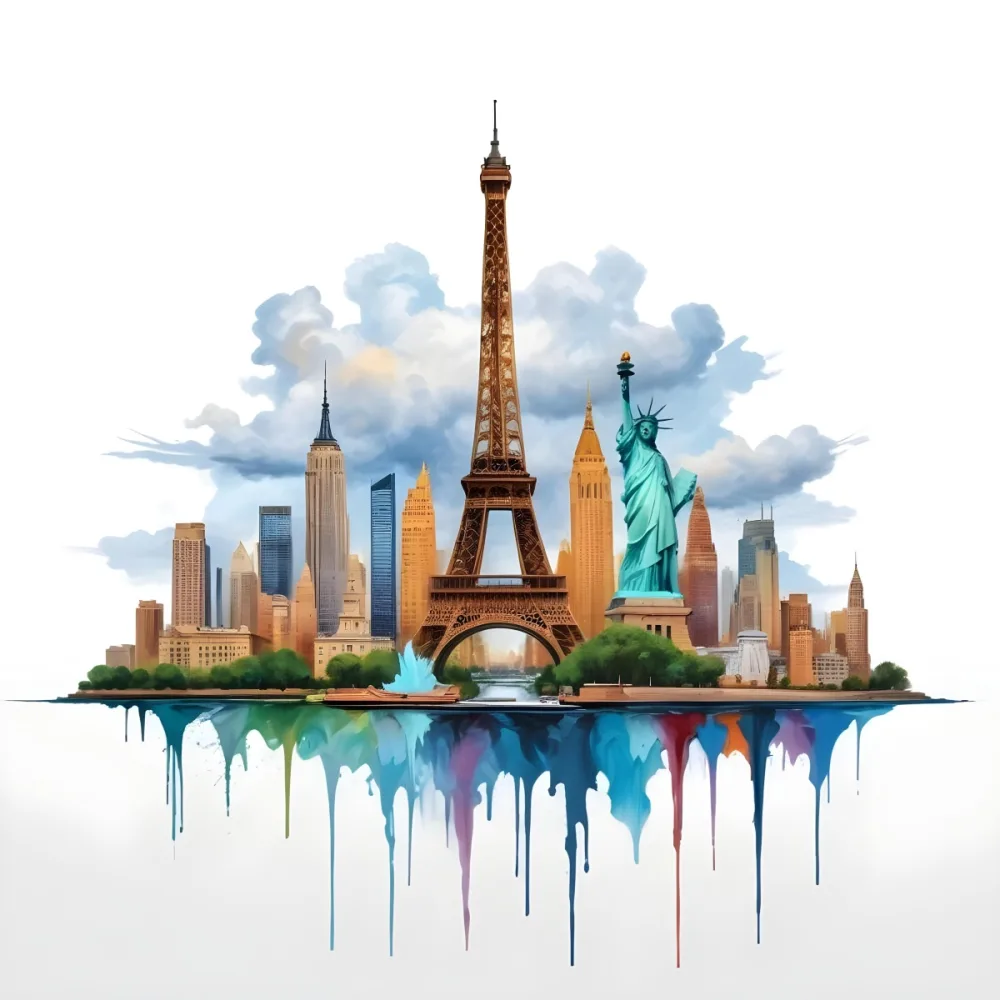 Oil Painting Eiffel Tower Statue Of Liberty And Other Famous Buildings In A Cloudy Background Creative Extremely Detailed Brush Stroke 10 8127