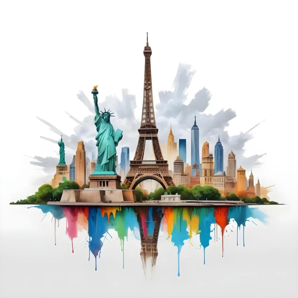 Oil Painting Eiffel Tower Statue Of Liberty And Other Famous Buildings In A Cloudy Background Creative Extremely Detailed Brush Stroke 25 5451
