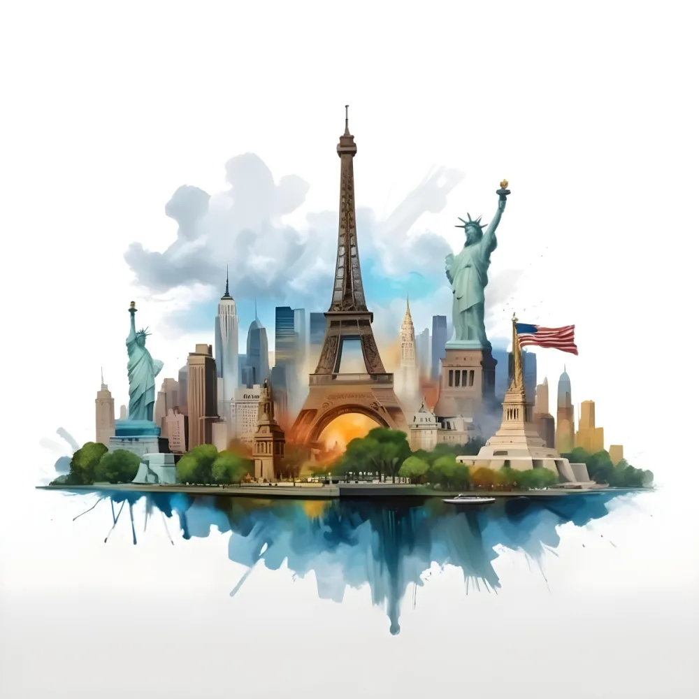 Oil Painting Eiffel Tower Statue Of Liberty And Other Famous Buildings In A Cloudy Background Creative Extremely Detailed Brush Stroke 3 35f2