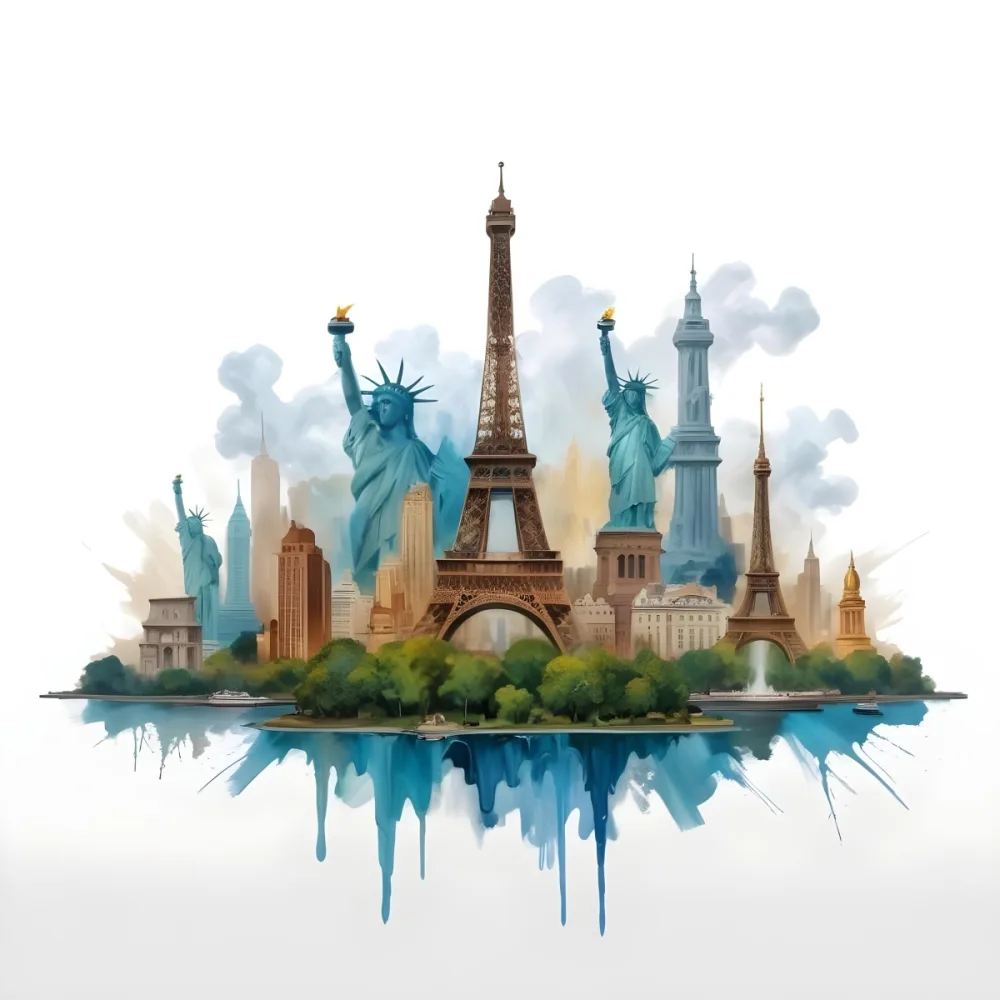Oil Painting Eiffel Tower Statue Of Liberty And Other Famous Buildings In A Cloudy Background Creative Extremely Detailed Brush Stroke 9 Bc17