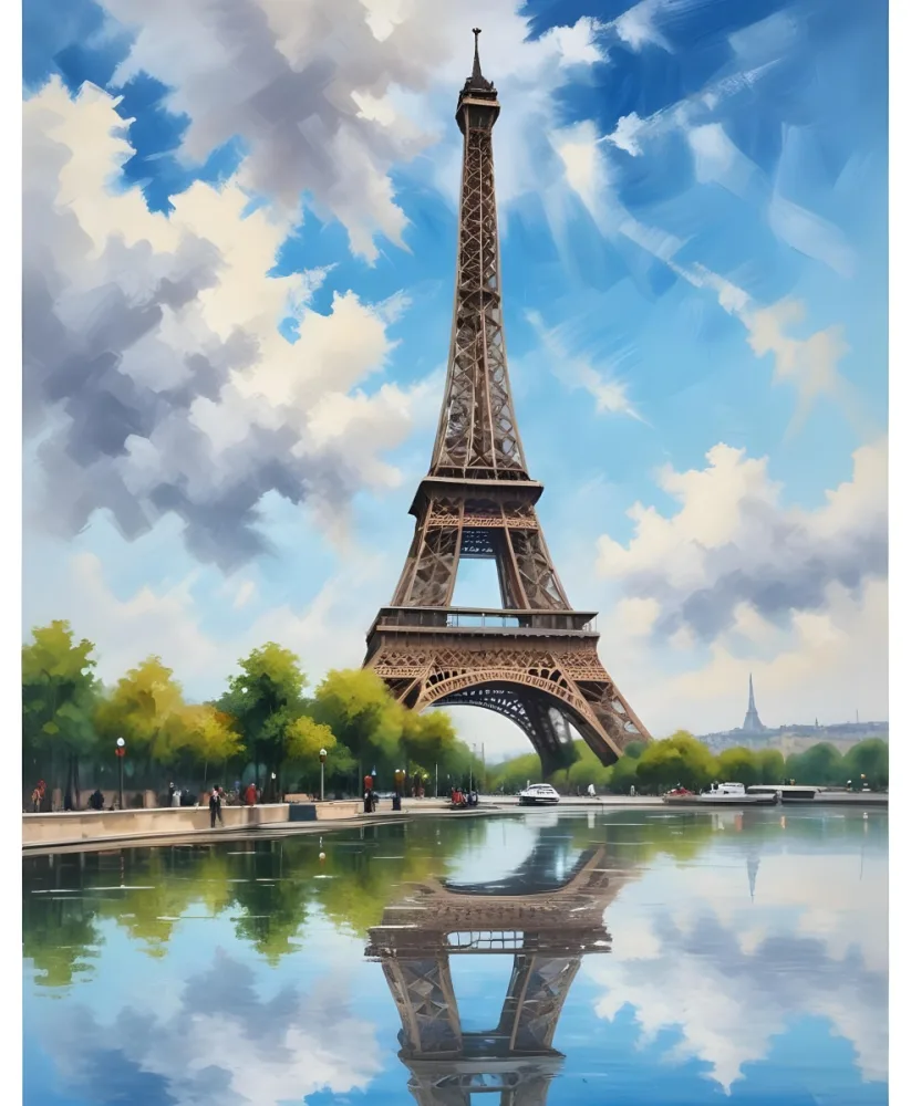 Oil Painting Eiffel Tower With A Reflection In The Water Cloudy Sky Creative Extremely Detailed Brush Stroke 35 1167