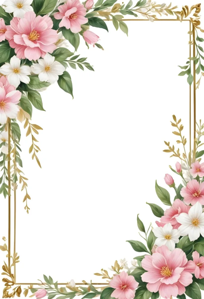 Oil Painting Floral Frame With Pink And White Flowers Green Leaves And Gold Accents Set Against A White Background Elegant And Decorative Design Creative Extremely Detailed Brush Stroke 38 1132