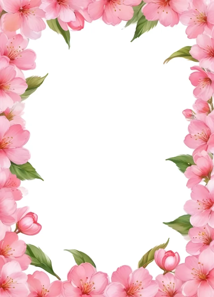 Oil Painting Pink Cherry Blossom Frame With Green Leaves On A White Background Watercolor Painting Floral Border Botanical Illustration Spring Theme Elegant Design Decorative Element Creative Extremely Deta 41 325a
