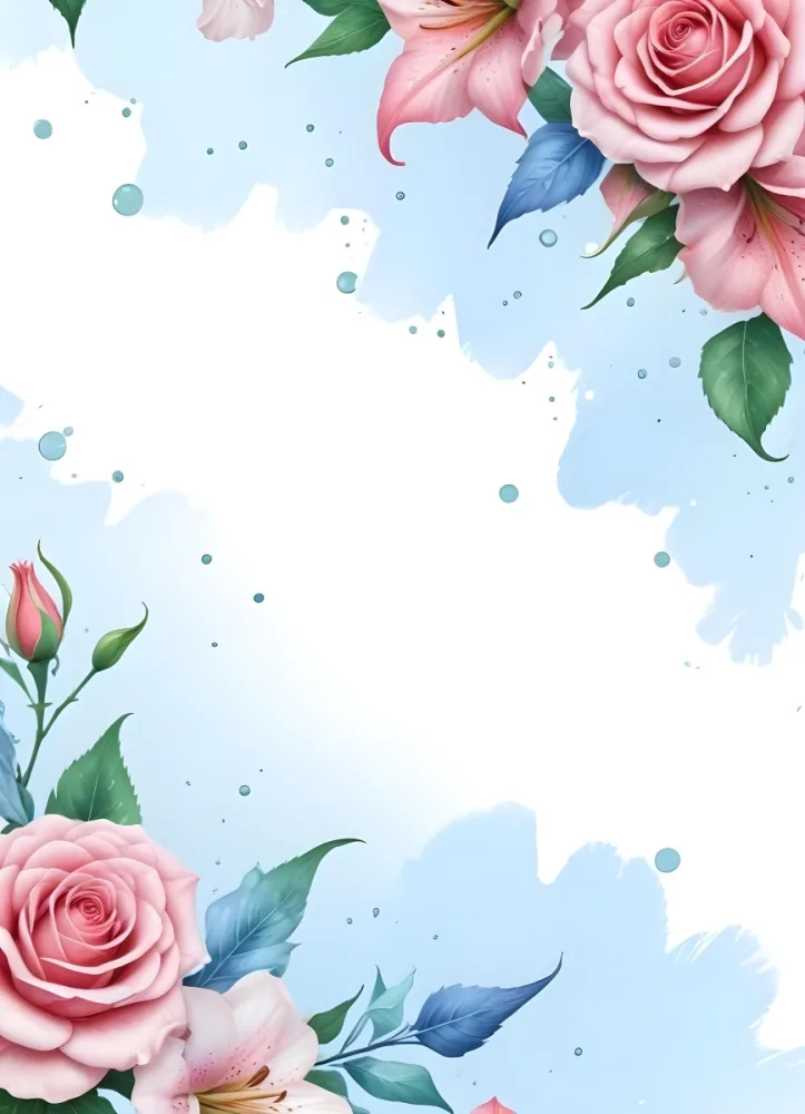 Oil Painting Pink Rose And Lily With Green Leaves And Blue Petals On A White Background With White Dots And Watercolor Effect Creative Extremely Detailed Brush Stroke 68 97c1