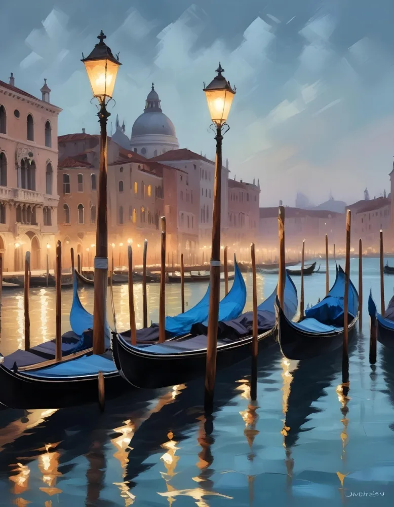 Oil Painting Venice Cityscape With Gondolas And Streetlights Creative Extremely Detailed Brush Stroke 19 0fcc