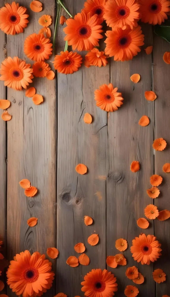 Orange Gerbera Daisy Flowers On A Rustic Wooden Background With Petals Scattered Around 17 3d39