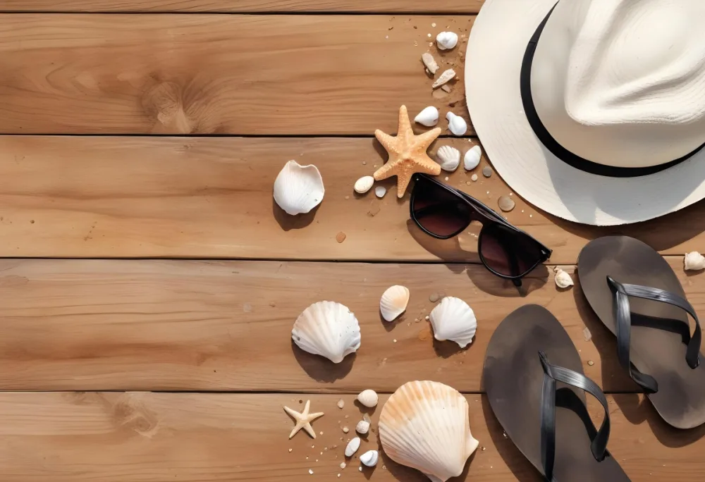 Overhead Shot Of A Wooden Surface With Scattered Seashells Sunglasses A Hat And Flip Flops Creating A Beach Vacation Theme 4 6336