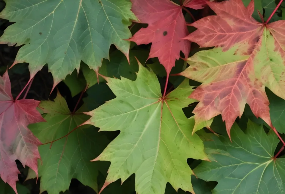 Overlapping Green And Red Maple Leaves With The Veins And Textures Of The Leaves Visible 6 F29a