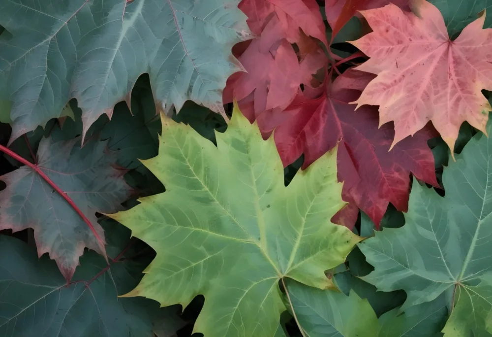 Overlapping Green And Red Maple Leaves With The Veins And Textures Of The Leaves Visible 7 0400