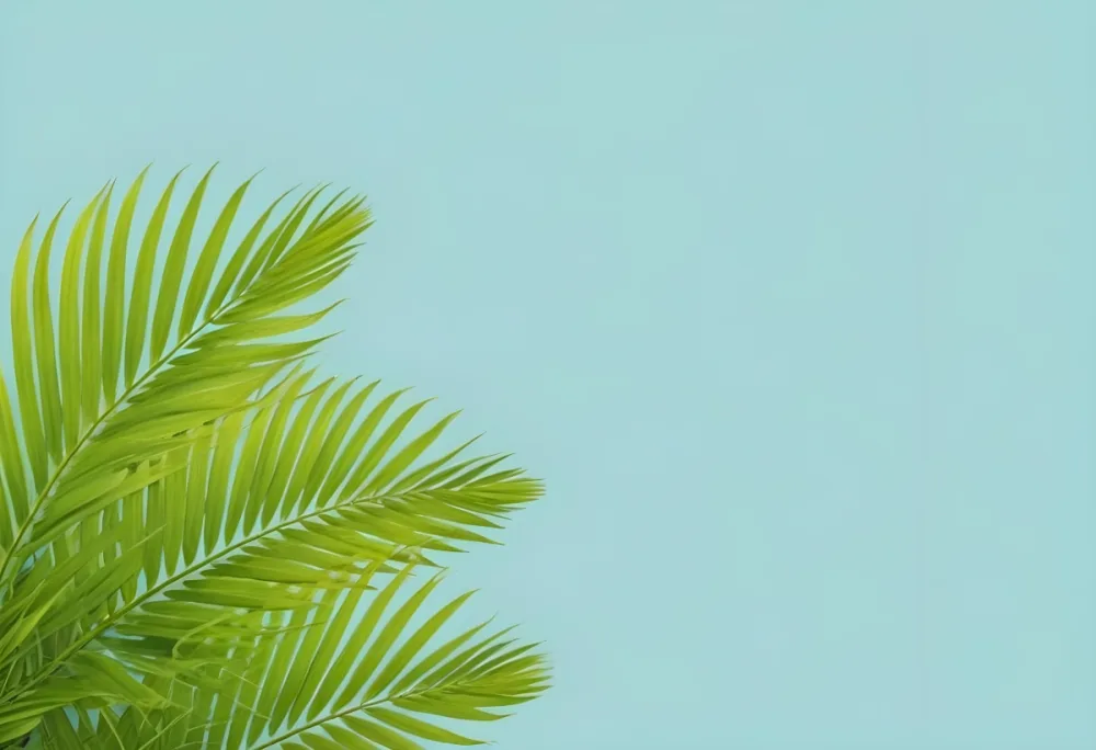 Palm Leaves In The Left Corner Vibrant Green Fronds With Intricate Details Against A Light Blue Background Tropical Vibe Minimalist Composition Bright And Airy 7 4057