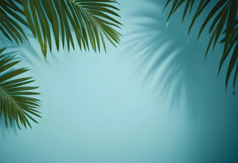 Palm Leaves On The Corners With A Shadow Of Palm Leaves In A Blue Background 57 7359