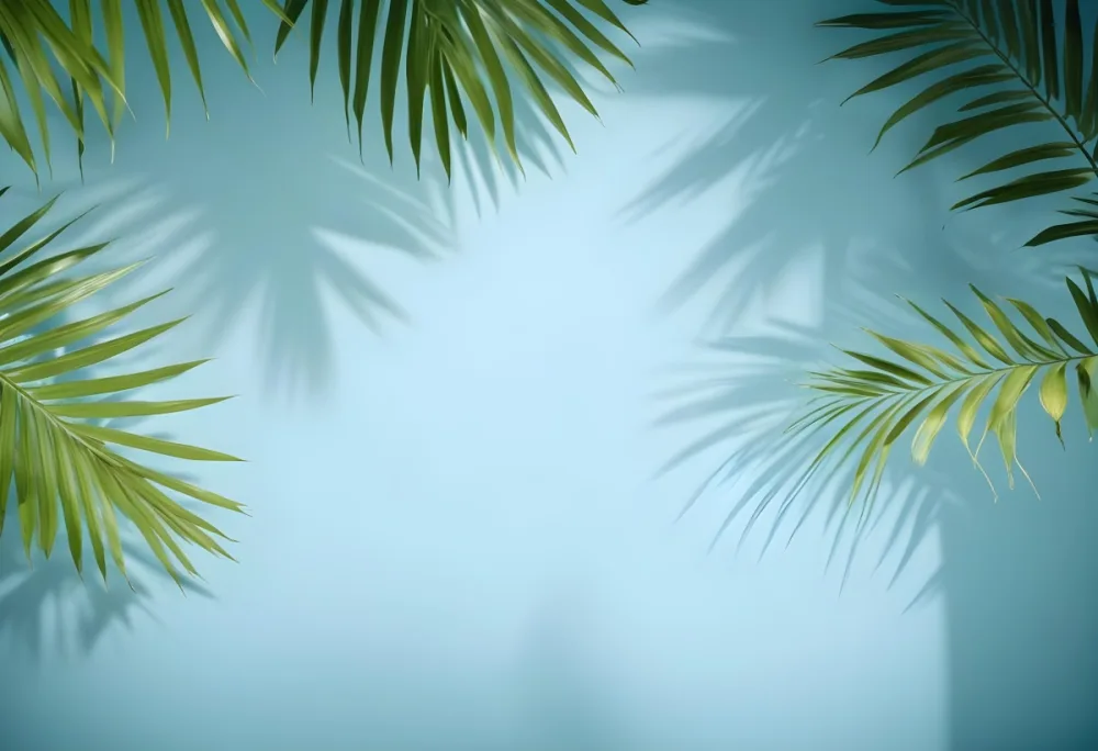Palm Leaves On The Corners With A Shadow Of Palm Leaves In A Blue Background 74 3c59