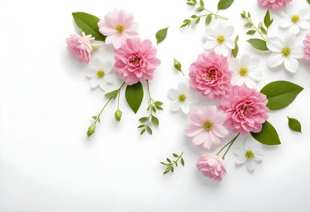 Pink And White Flowers With Green Leaves Scattered On A White Background Creating A Delicate And Fresh Floral Arrangement Soft Lighting 7 7f24