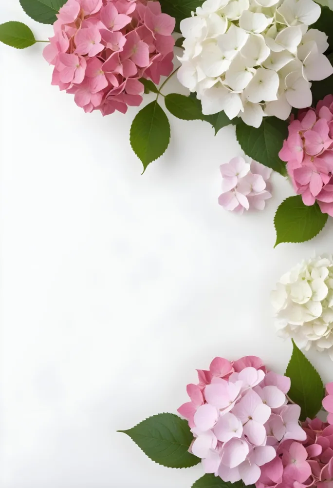 Pink And White Hydrangea Flowers With Green Leaves On A Light Background 1 9d3e