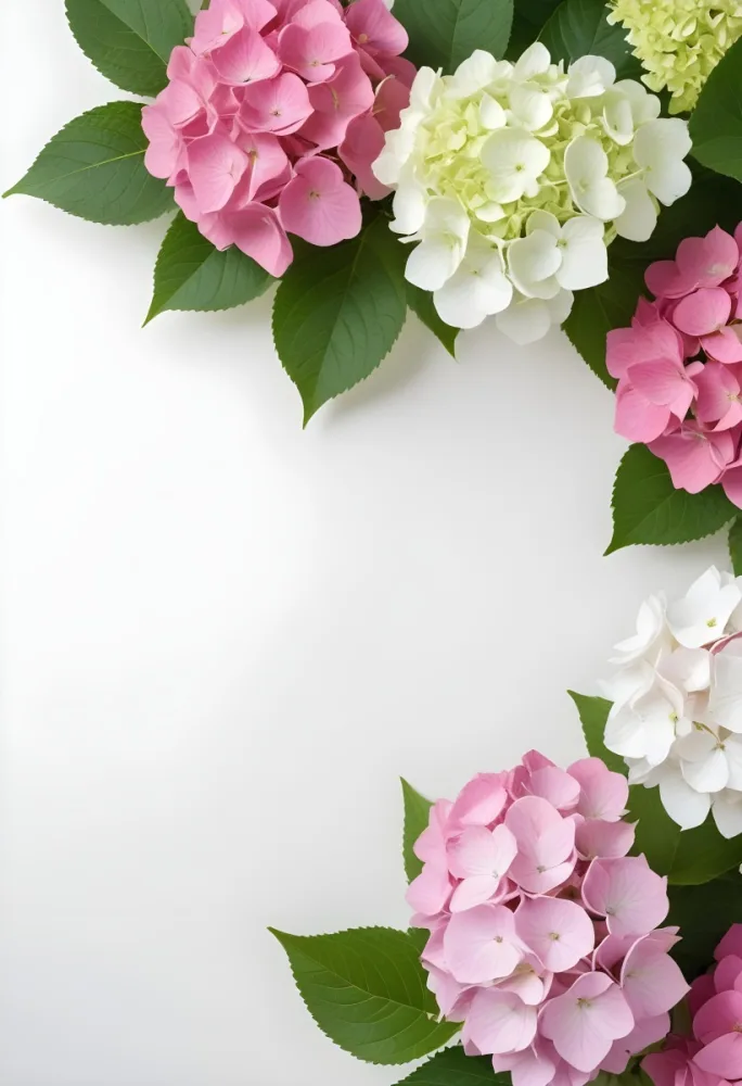 Pink And White Hydrangea Flowers With Green Leaves On A Light Background 11 83d3