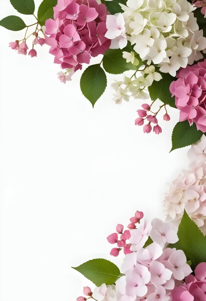 Pink And White Hydrangea Flowers With Green Leaves On A Light Background 14 1969