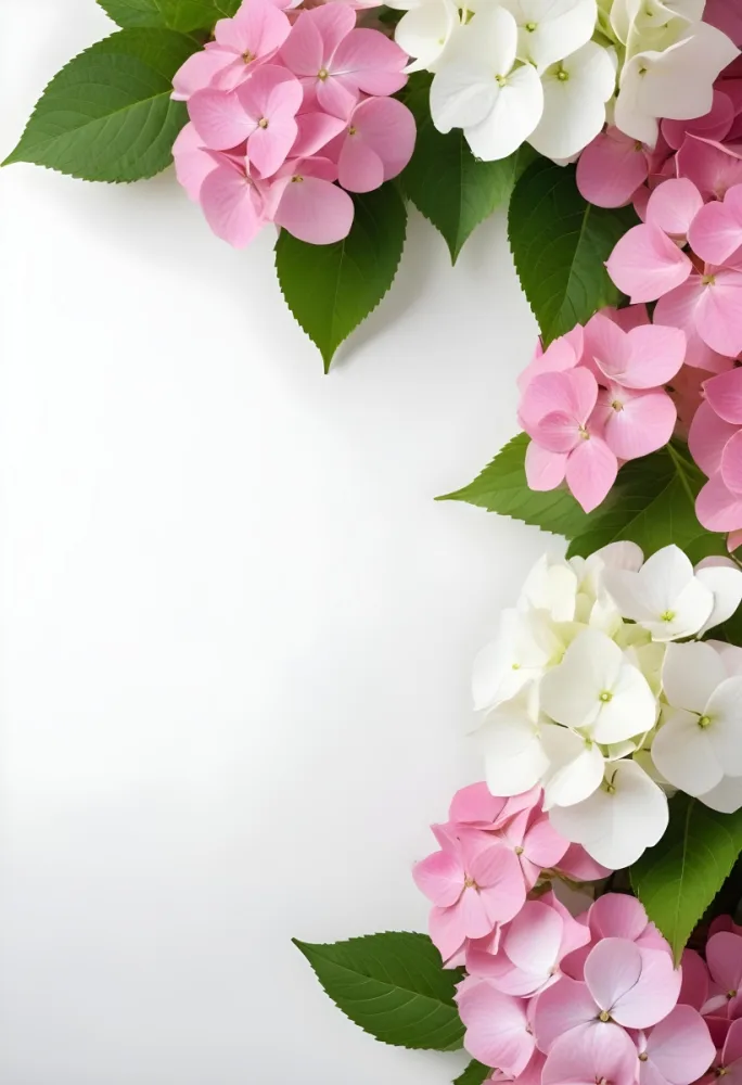 Pink And White Hydrangea Flowers With Green Leaves On A Light Background 15 412a