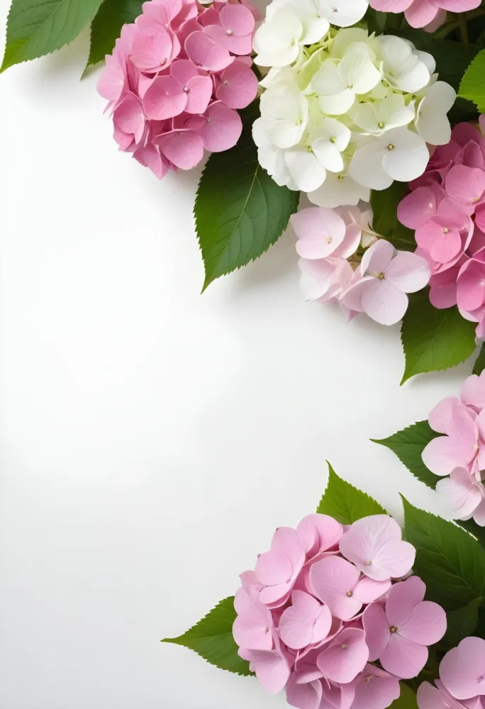 Pink And White Hydrangea Flowers With Green Leaves On A Light Background 18 Cb19