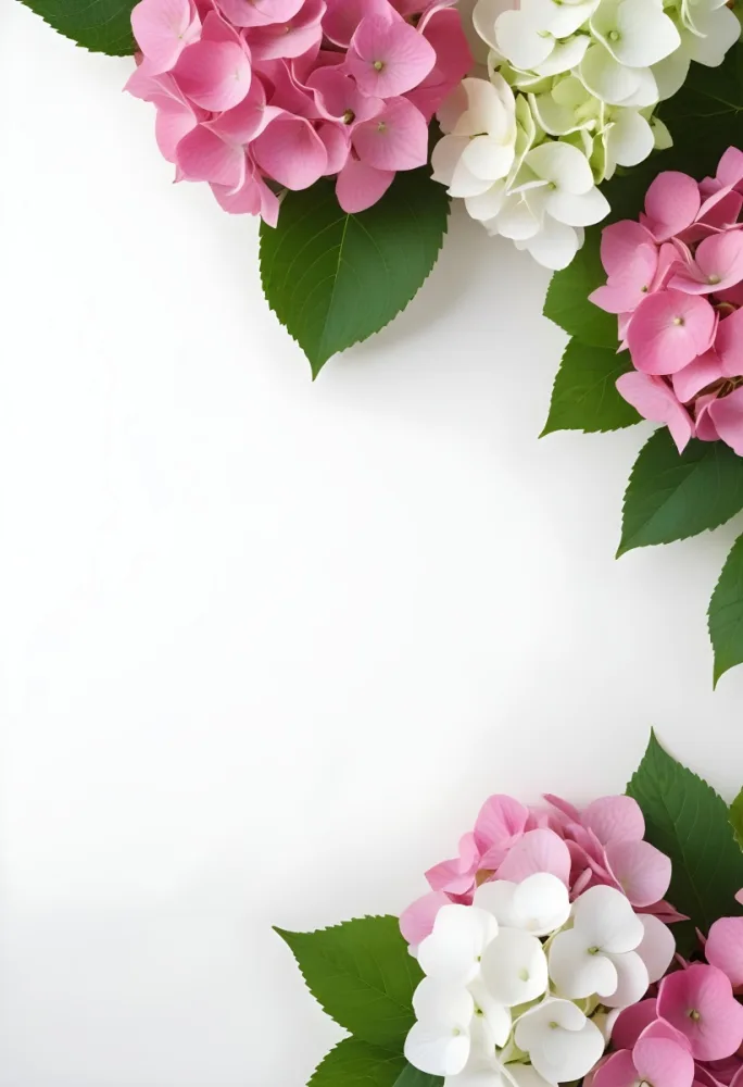 Pink And White Hydrangea Flowers With Green Leaves On A Light Background 19 7195