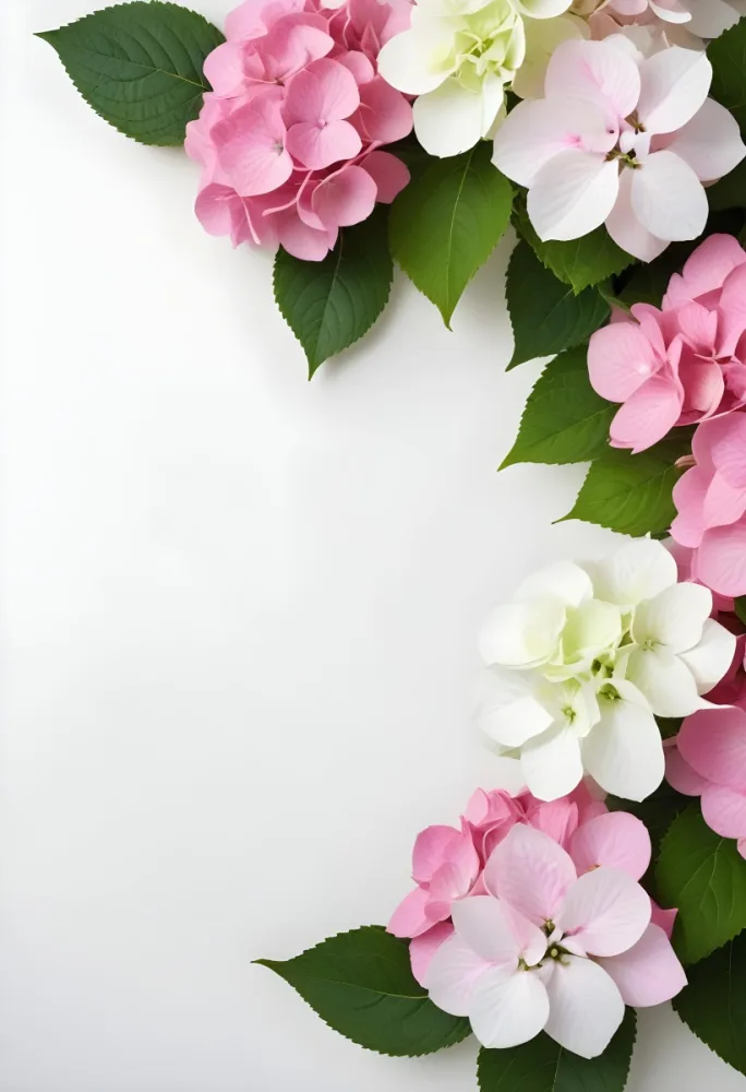 Pink And White Hydrangea Flowers With Green Leaves On A Light Background 3 Eba5