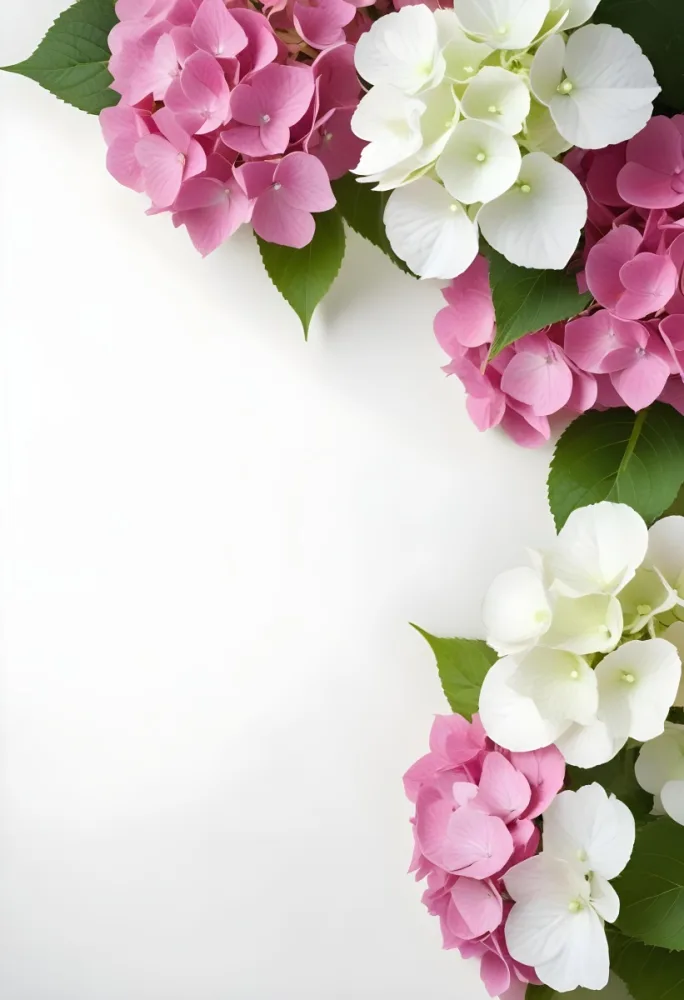 Pink And White Hydrangea Flowers With Green Leaves On A Light Background 4 6f13