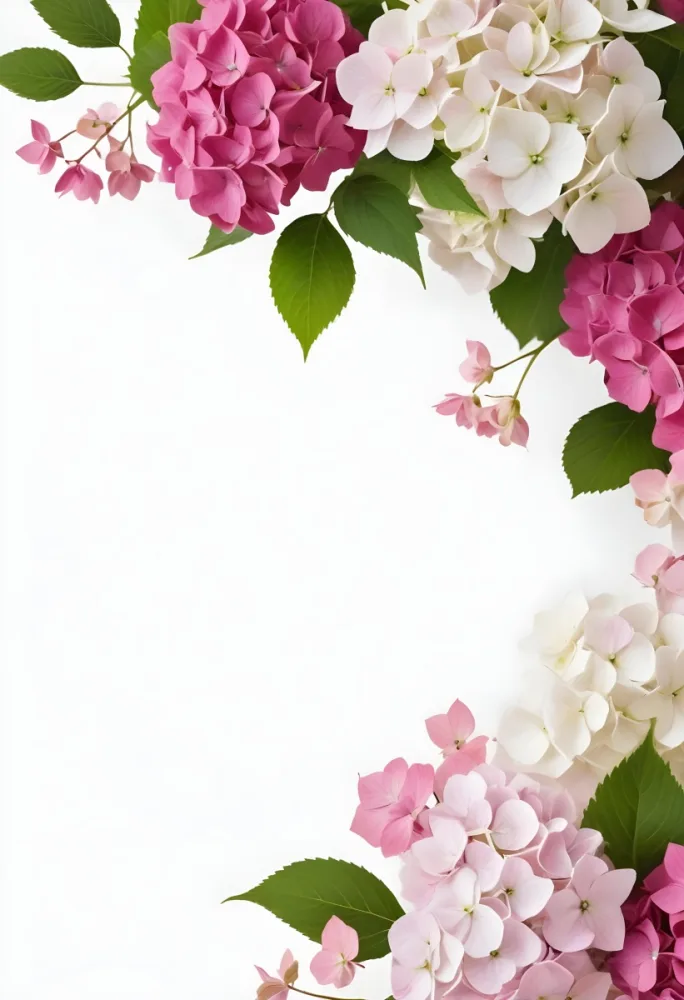 Pink And White Hydrangea Flowers With Green Leaves On A Light Background 8 E517
