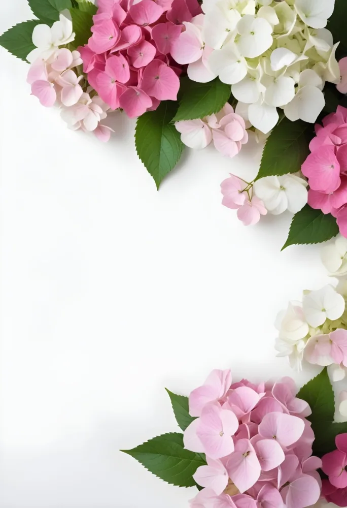 Pink And White Hydrangea Flowers With Green Leaves On A Light Background 9 4622