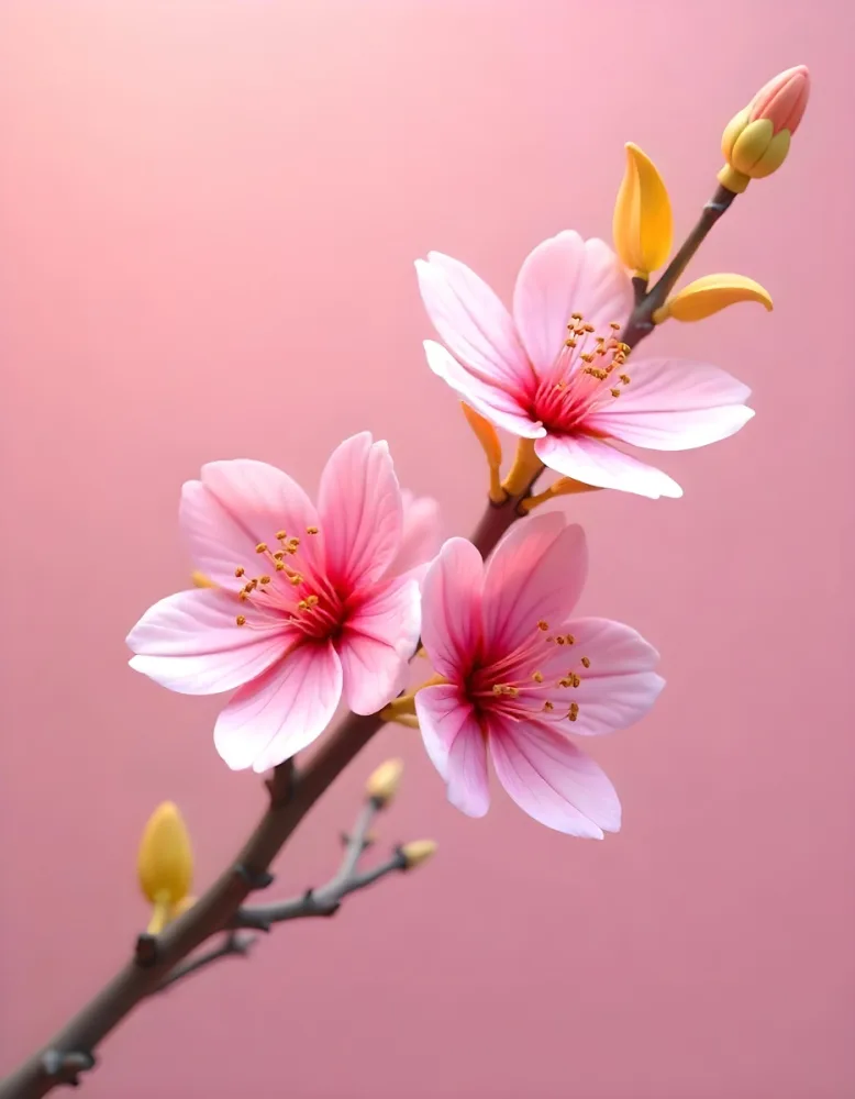 Pink Flowers With Pink Stamens And Yellow Leaves On A Branch With A Blurred Pink Background 19 F416