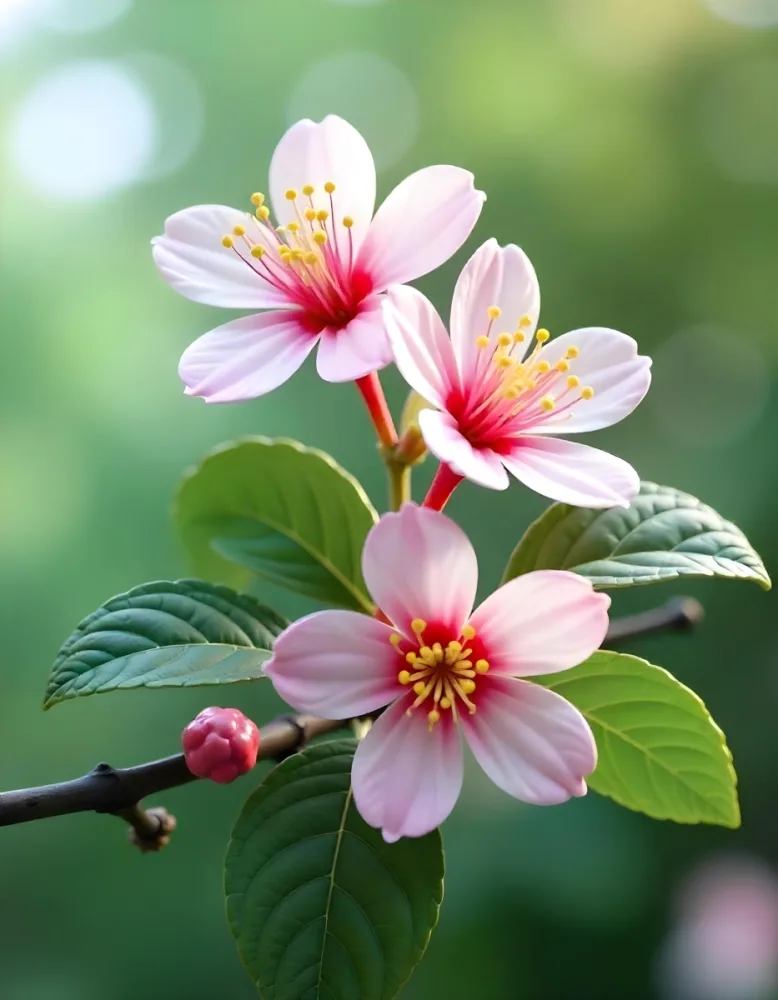 Pink Flowers With Pink Stamens And Yellow Leaves On A Branch With A Blurred Pink Background 22 394e